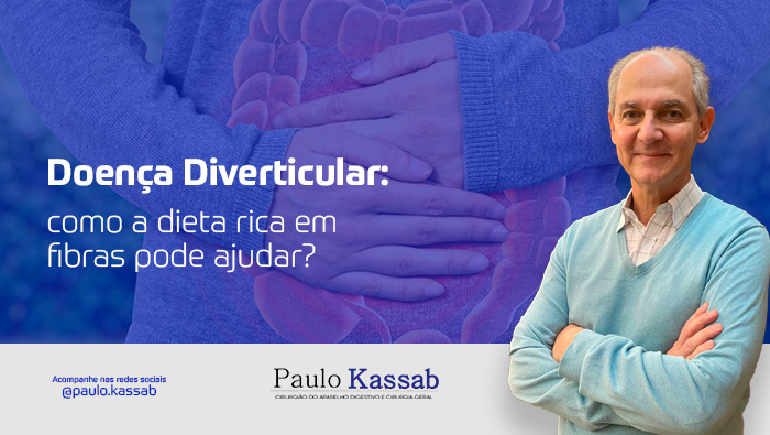 Imagem de um homem sorridente, ao lado de um título: "Doença Diverticular: como a dieta rica em fibras pode ajudar?" com gráficos do sistema digestivo ao fundo.